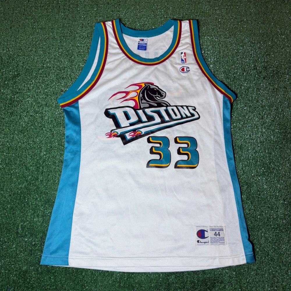 Vintage Champion Detroit Pistons Grant Hill 33 Jersey Teal Era White Size 44 L